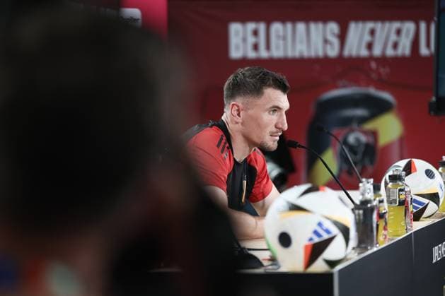 Belgium s Thomas Meunier pictured during a press conference, PK, Pressekonferenz of Belgian national soccer team Red Devils, Thursday 27 June 2024 in Freiberg am Neckar, Germany, during the UEFA EURO, EM, Europameisterschaft,Fussball 2024 European Soccer Championships. The Red Devils play in Group E at the Euro 2024 European Championships in Germany. After finishing second in the group, they advance to the eighth finals, to play against France next Monday. BRUNOxFAHY x95366063x