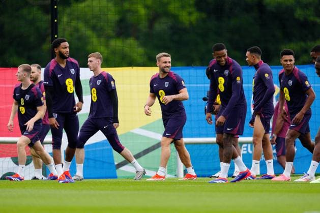 Joe Gomez of England, Cole Palmer of England, Luke Shaw of England, Ezri Konsa of England, Trent Alexander-Arnold of England, Ollie Watkins of England England Training, UEFA European Championship, EM, Europameisterschaft 2024, Football, Spa & Golf Resort Weimarer Land, Blankenhain, Germany, 27 Jun 2024 EDITORIAL USE ONLY No use with unauthorised audio, video, data, fixture lists, club league logos or live services. Online in-match use limited to 120 images, no video emulation. No use in betting, games or single club league player publications. Copyright: xDavexShopland Shutterstockx 14559245ad