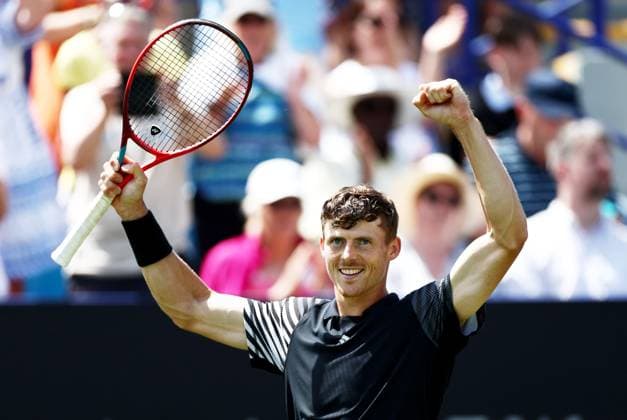 Billy Harris of Great Britain celebrates winning his Quarter Final match. Rothesay International Eastbourne, Day 5, Tennis, Devonshire Park, Eastbourne, UK - 27 June 2024  Copyright: xJamesxMarsh Shutterstockx 14555505ai