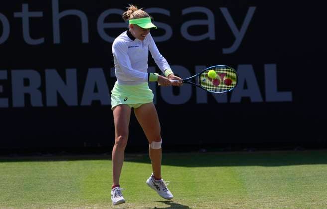 27th June 2024; Devonshire Park, Eastbourne, East Sussex, England: Rothesay International Eastbourne, Day 4, Harriet Dart (GBR) plays a backhand against Leylah Fernandez (CAN) womens singles quarter-final  ActionPlus12660966 HongboxChen