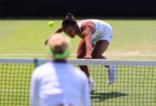 27th June 2024; Devonshire Park, Eastbourne, East Sussex, England: Rothesay International Eastbourne, Day 4, Leylah Fernandez (CAN) plays a backhand against Harriet Dart (GBR) womens singles quarter-final  ActionPlus12660975 HongboxChen