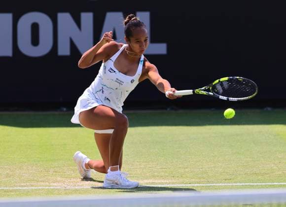 27th June 2024; Devonshire Park, Eastbourne, East Sussex, England: Rothesay International Eastbourne, Day 4, Leylah Fernandez (CAN) plays a forehand against Harriet Dart (GBR) womens singles quarter-final  ActionPlus12660983 HongboxChen