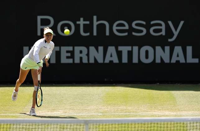 27th June 2024; Devonshire Park, Eastbourne, East Sussex, England: Rothesay International Eastbourne, Day 4, Harriet Dart (GBR) serves to Leylah Fernandez (CAN) womens singles quarter-final  ActionPlus12661005 HongboxChen