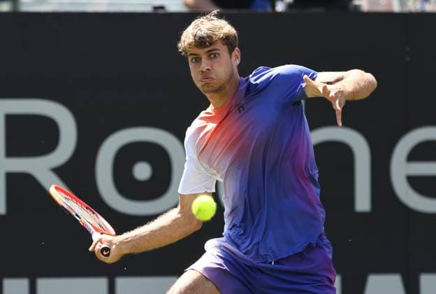 27th June 2024; Devonshire Park, Eastbourne, East Sussex, England: Rothesay International Eastbourne, Day 4; Flavio Cobolli (ITA) plays a forehand Billy Harris (GBR) in the mens singles quarter-final match  ActionPlus12661007 HongboxChen
