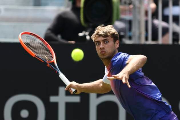 27th June 2024; Devonshire Park, Eastbourne, East Sussex, England: Rothesay International Eastbourne, Day 4; Flavio Cobolli (ITA) plays a forehand Billy Harris (GBR) in the mens singles quarter-final match  ActionPlus12661012 HongboxChen