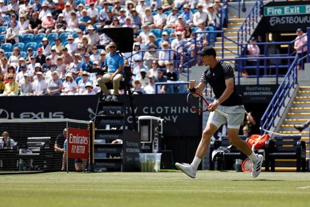 27th June 2024; Devonshire Park, Eastbourne, East Sussex, England: Rothesay International Eastbourne, Day 4; Billy Harris (GBR) shows emotion in the match against Flavio Cobolli (ITA) in the mens singles quarter-final match  ActionPlus12661041 HongboxChen