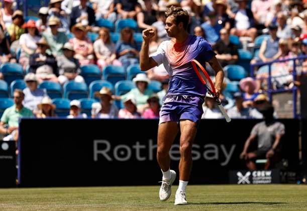 27th June 2024; Devonshire Park, Eastbourne, East Sussex, England: Rothesay International Eastbourne, Day 4; Flavio Cobolli (ITA) shows emotion in the match against Billy Harris (GBR) in the mens singles quarter-final match  ActionPlus12661026 HongboxChen
