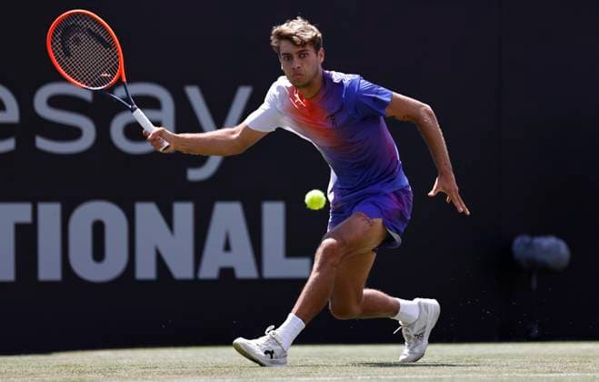 27th June 2024; Devonshire Park, Eastbourne, East Sussex, England: Rothesay International Eastbourne, Day 4; Flavio Cobolli (ITA) plays a forehand Billy Harris (GBR) in the mens singles quarter-final match  ActionPlus12661027 HongboxChen
