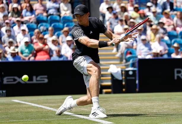27th June 2024; Devonshire Park, Eastbourne, East Sussex, England: Rothesay International Eastbourne, Day 4; Billy Harris (GBR) plays a backhand against Flavio Cobolli (ITA) in the mens singles quarter-final match  ActionPlus12661030 HongboxChen