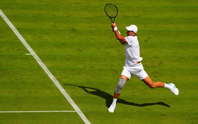 Novak Djokovic practices on Centre Court wearing a knee support Wimbledon Tennis Championships, Practice and Previews, The All England Lawn Tennis and Croquet Club, London, UK - 27 Jun 2024  Copyright: xJavierxGarcia Shutterstockx 14560174h
