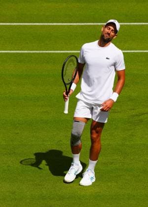 Novak Djokovic practices on Centre Court wearing a knee support Wimbledon Tennis Championships, Practice and Previews, The All England Lawn Tennis and Croquet Club, London, UK - 27 Jun 2024  Copyright: xJavierxGarcia Shutterstockx 14560174d