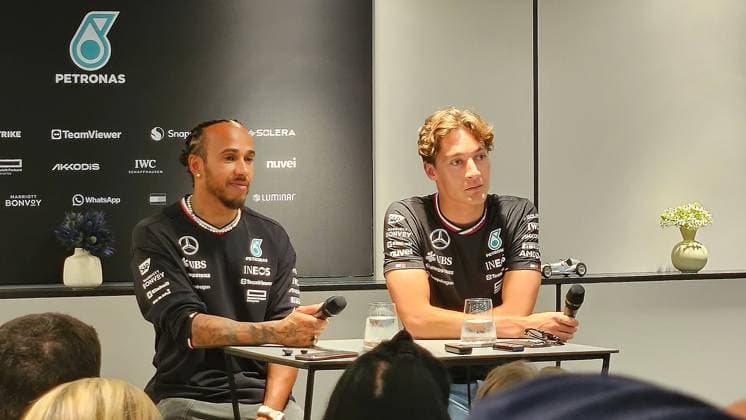 Formula 1, Austrian GP in Spielberg, Lewis Hamilton and George Russell in a media interview