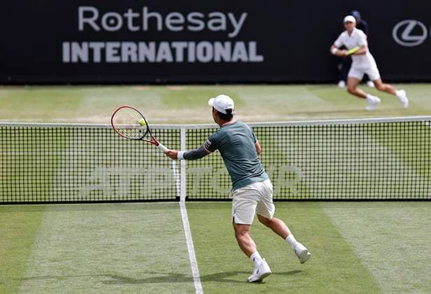 27th June 2024; Devonshire Park, Eastbourne, East Sussex, England: Rothesay International Eastbourne, Day 4; Yoshihito Nishioka (JPN) plays a forehand against Aleksandar Vukic (AUS) in the quarter finals match  ActionPlus12661111 HongboxChen