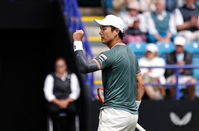 27th June 2024; Devonshire Park, Eastbourne, East Sussex, England: Rothesay International Eastbourne, Day 4; Yoshihito Nishioka (JPN) shows emotion during the match against Aleksandar Vukic (AUS) in the quarter finals match  ActionPlus12661114 HongboxChen