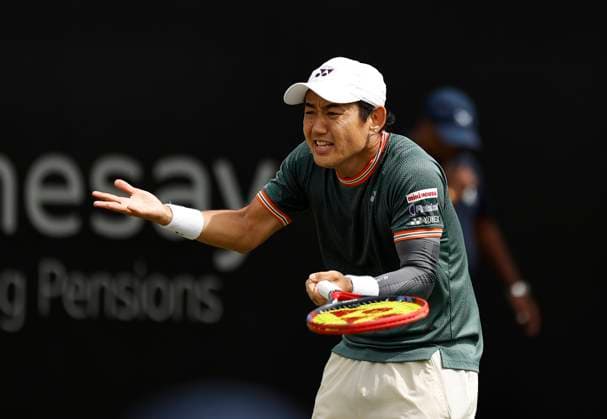 27th June 2024; Devonshire Park, Eastbourne, East Sussex, England: Rothesay International Eastbourne, Day 4; Yoshihito Nishioka (JPN) shows emotion during the match against Aleksandar Vukic (AUS) in the quarter finals match  ActionPlus12661115 HongboxChen