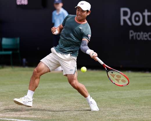 27th June 2024; Devonshire Park, Eastbourne, East Sussex, England: Rothesay International Eastbourne, Day 4; Yoshihito Nishioka (JPN) plays a forehand against Aleksandar Vukic (AUS) in the quarter finals match  ActionPlus12661119 HongboxChen