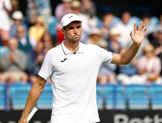 27th June 2024; Devonshire Park, Eastbourne, East Sussex, England: Rothesay International Eastbourne, Day 4; Aleksandar Vukic (AUS) celebrates his victory after defeating Yoshihito Nishioka (JPN) in the quarter finals  ActionPlus12661137 HongboxChen