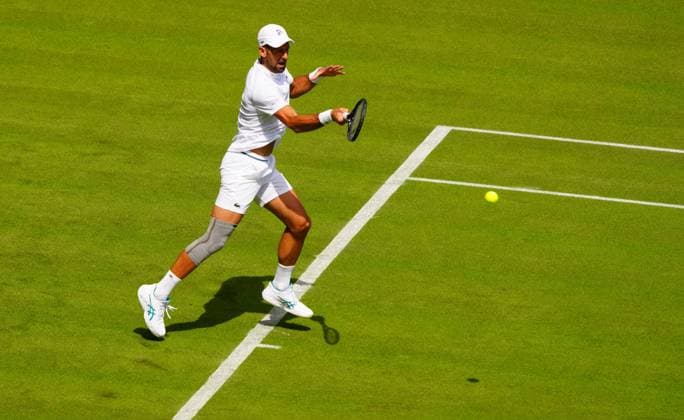 Novak Djokovic practices on Centre Court with a knee support Wimbledon Tennis Championships, Practice and Previews, The All England Lawn Tennis and Croquet Club, London, UK - 27 Jun 2024  Copyright: xJavierxGarcia Shutterstockx 14560174bx
