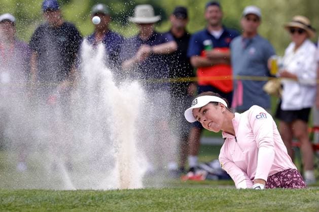 MIDLAND, MI - JUNE 27: LPGA, Golf Damen golfer Georgia Hall hits out of a sand trap on the 17th hole during the first round of the LPGA Dow Championship on June 27, 2024, at Midland Country Club in Midland, Michigan. (Photo by Brian Spurlock Icon Sportswire) GOLF: JUN 27 LPGA Dow Championship EDITORIAL USE ONLY Icon24062716