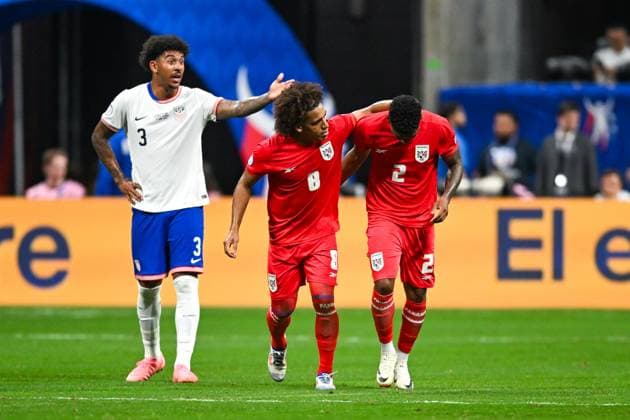 ATLANTA, GA Ã JUNE 27: United States defender Chris Richards (3), Panama midfielder Adalberto Carrasquilla (8) and Panama defender Cesar Blackman (2) react following BlackmanÃ•s goal during the Copa America match between Panama and the United States on June 27th, 2024 at Mercedes-Benz Stadium in Atlanta, GA. (Photo by Rich von Biberstein Icon Sportswire) SOCCER: JUN 27 CONMEBOL Copa America - Panama vs United States EDITORIAL USE ONLY Icon240627024