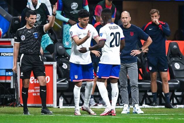 ATLANTA, GA Ã JUNE 27: United States forward Ricardo Pepi (9) subs in for forward Folarin Balogun (20) during the Copa America match between Panama and the United States on June 27th, 2024 at Mercedes-Benz Stadium in Atlanta, GA. (Photo by Rich von Biberstein Icon Sportswire) SOCCER: JUN 27 CONMEBOL Copa America - Panama vs United States EDITORIAL USE ONLY Icon240627032