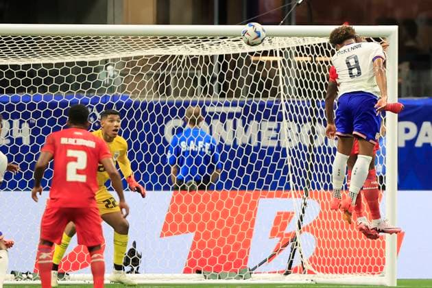 ATLANTA, GA - JUNE 27: United States midfielder Weston McKennie (8) heads the football unsuccessfully towards the goal during the Thursday evening soccer game between the USA and Panama on June 27, 2024 at the Mercedes-Benz Stadium in Atlanta, Georgia. (Photo by David J. Griffin Icon Sportswire) SOCCER: JUN 27 CONMEBOL Copa America - Panama vs United States EDITORIAL USE ONLY Icon9532406271433