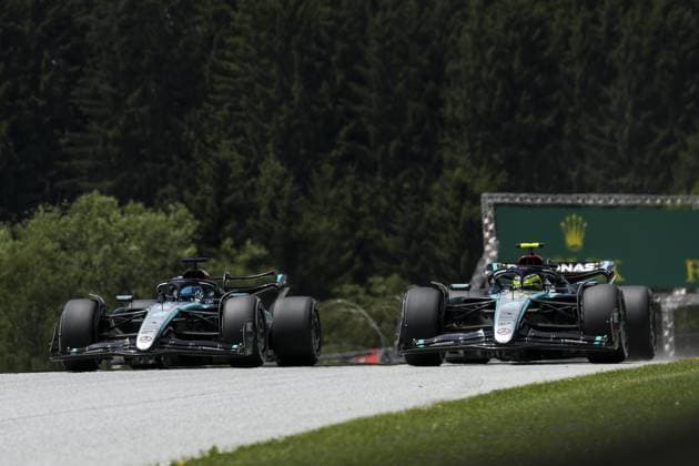 44 HAMILTON Lewis (gbr), Mercedes AMG F1 Team W15, action and 63 RUSSELL George (gbr), Mercedes AMG F1 Team W15, action during the Formula 1 Qatar Airways Austrian Grand Prix 2024, 11th round of the 2024 Formula One World Championship, WM, Weltmeisterschaft from June 28 to 30, 2024 on the Red Bull Ring, in Spielberg, Austria - F1 - AUSTRIAN GRAND PRIX 2024 DPPI Panoramic  240628_R11_AUSTRIA_DP_FG009747