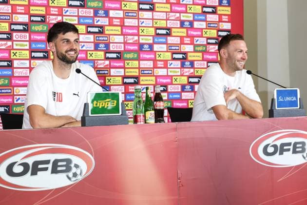 SOCCER - UEFA EURO, EM, Europameisterschaft,Fussball 2024 BERLIN,GERMANY,28.JUN.24 - SOCCER -UEFA EURO 2024, OEFB, Oesterreichischer Fussball-Bund, press conference, PK, Pressekonferenz Image shows Florian Grillitsch and Andreas Weimann (AUT). GEPAxpictures xArminxRauthner