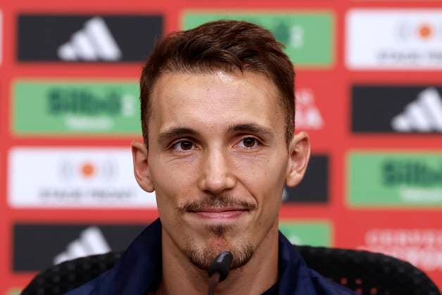 Spanish National Soccer Team player Alejandro Grimaldo addresses a press conference, PK, Pressekonferenz in Donaueschinge, Germany, 28 June 2024. The team prepares its Euro2024 round of 16 game against Georgia on next 30 June. Presser of Spanish National Soccer Team player Alejandro Grimaldo !ACHTUNG: NUR REDAKTIONELLE NUTZUNG!  Copyright: xJ.J.Guillenx GRAF8888 20240628-55014002631_1