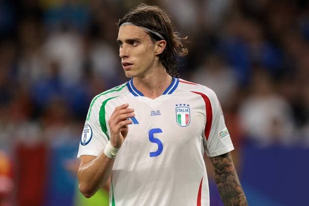 Gelsenkirchen, Germany, 20th June 2024. Riccardo Calafiori of Italy reacts during the UEFA European Championships match at Arena Aufschalke, Gelsenkirchen. Picture credit should read: Jonathan Moscrop Sportimage EDITORIAL USE ONLY. No use with unauthorised audio, video, data, fixture lists, club league logos or live services. Online in-match use limited to 120 images, no video emulation. No use in betting, games or single club league player publications. SPI-3187-0106