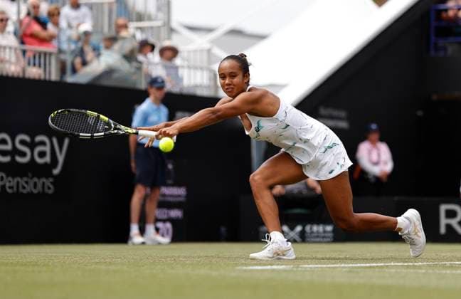 28th June 2024; Devonshire Park, Eastbourne, East Sussex, England: Rothesay International Eastbourne, Day 5, Leylah Fernadez (CAN) plays a backhand against Madison Keys (USA) in the womens singles semi-final match  ActionPlus12661183 HongboxChen