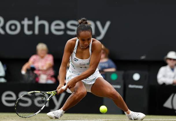 28th June 2024; Devonshire Park, Eastbourne, East Sussex, England: Rothesay International Eastbourne, Day 5, Leylah Fernadez (CAN) plays a backhand against Madison Keys (USA) in the womens singles semi-final match  ActionPlus12661185 HongboxChen