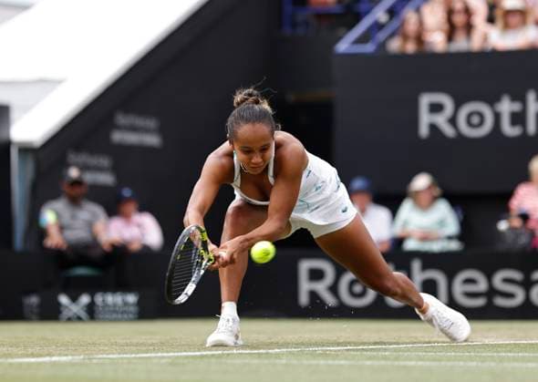 28th June 2024; Devonshire Park, Eastbourne, East Sussex, England: Rothesay International Eastbourne, Day 5, Leylah Fernadez (CAN) plays a backhand against Madison Keys (USA) in the womens singles semi-final match  ActionPlus12661186 HongboxChen