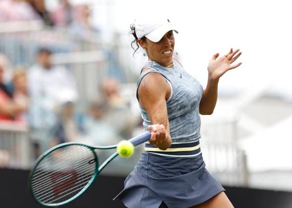 28th June 2024; Devonshire Park, Eastbourne, East Sussex, England: Rothesay International Eastbourne, Day 5, Madison Keys (USA) plays a forehand against Leylah Fernadez (CAN) in the womens singles semi-final match  ActionPlus12661190 HongboxChen
