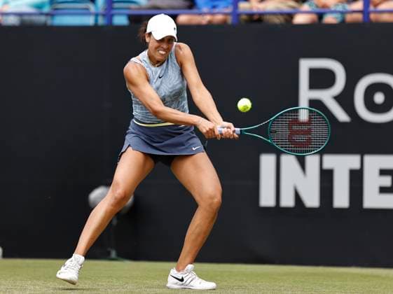 28th June 2024; Devonshire Park, Eastbourne, East Sussex, England: Rothesay International Eastbourne, Day 5, Madison Keys (USA) plays a backhand against Leylah Fernadez (CAN) in the womens singles semi-final match  ActionPlus12661198 HongboxChen
