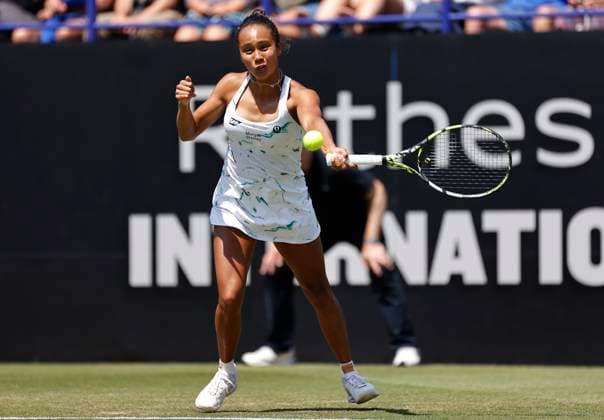 28th June 2024; Devonshire Park, Eastbourne, East Sussex, England: Rothesay International Eastbourne, Day 5, Leylah Fernadez (CAN) plays a forehand against Madison Keys (USA) in the womens singles semi-final match  ActionPlus12661202 HongboxChen