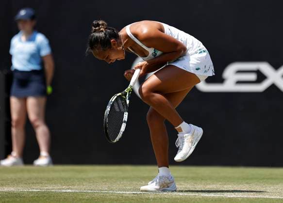 28th June 2024; Devonshire Park, Eastbourne, East Sussex, England: Rothesay International Eastbourne, Day 5, Leylah Fernadez (CAN) celebrates her victory after defeating Madison Keys (USA) in the womens singles semi-final match  ActionPlus12661207 HongboxChen
