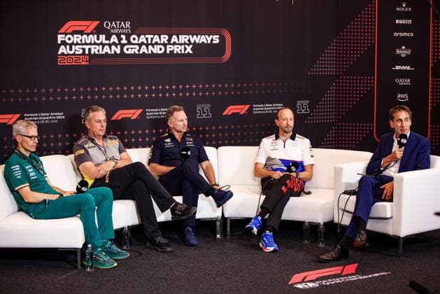 KRACK Mike (ger), Team Principal and CEO of Aston Martin F1 Team, portrait ISOLA Mario (ita), Motorsport Racing Manager of Pirelli, portrait HORNER Christian (gbr), Team Principal of Red Bull Racing, portrait BAYER Peter, CEO of Visa Cash App RB F1 Team, portrait press conference, PK, Pressekonferenz during the Formula 1 Qatar Airways Austrian Grand Prix 2024, 11th round of the 2024 Formula One World Championship, WM, Weltmeisterschaft from June 28 to 30, 2024 on the Red Bull Ring, in Spielberg, Austria - F1 - AUSTRIAN GRAND PRIX 2024 DPPI Panoramic 240628_R11_AUSTRIA_DP_XB5_7107_1