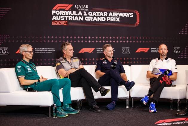 KRACK Mike (ger), Team Principal and CEO of Aston Martin F1 Team, portrait ISOLA Mario (ita), Motorsport Racing Manager of Pirelli, portrait HORNER Christian (gbr), Team Principal of Red Bull Racing, portrait BAYER Peter, CEO of Visa Cash App RB F1 Team, portrait press conference, PK, Pressekonferenz during the Formula 1 Qatar Airways Austrian Grand Prix 2024, 11th round of the 2024 Formula One World Championship, WM, Weltmeisterschaft from June 28 to 30, 2024 on the Red Bull Ring, in Spielberg, Austria - F1 - AUSTRIAN GRAND PRIX 2024 DPPI Panoramic 240628_R11_AUSTRIA_DP_XB5_7287_1