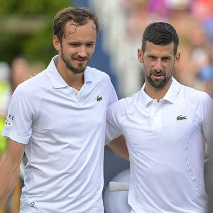 Novac Djokovic and Daniil Medvedev at the end of their singles match during the Giorgio Armani Tennis Classic at the Hurlingham Club, London, UK on 28 June 2024. Copyright: xPhilxHutchinsonx 41280040