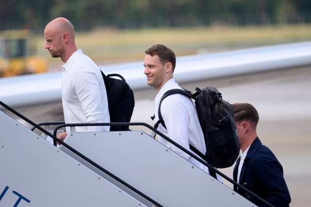 Athletic trainer Krunoslav Banovcic and goalkeeper Manuel Neuer board the plane at Nuremberg Airport before the national teams departure for the round of 16 against Denmark at the UEFA EURO 2024 European Football Championship in Dortmund Nuremberg, 28 06 2024 Bavaria Germany Copyright: xDwixAnoraganingrumx