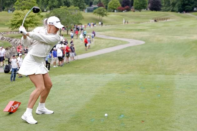MIDLAND, MI - JUNE 28: LPGA, Golf Damen golfer Charley Hull plays her tee shot on the 15th hole during the second round of the LPGA Dow Championship on June 28, 2024, at Midland Country Club in Midland, Michigan. (Photo by Brian Spurlock Icon Sportswire) GOLF: JUN 28 LPGA Dow Championship EDITORIAL USE ONLY Icon24062837