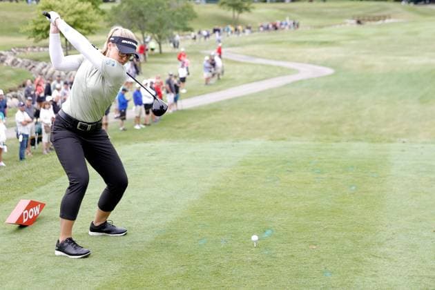 MIDLAND, MI - JUNE 28: LPGA, Golf Damen golfer Brooke Henderson plays her tee shot on the 14th hole during the second round of the LPGA Dow Championship on June 28, 2024, at Midland Country Club in Midland, Michigan. (Photo by Brian Spurlock Icon Sportswire) GOLF: JUN 28 LPGA Dow Championship EDITORIAL USE ONLY Icon24062848