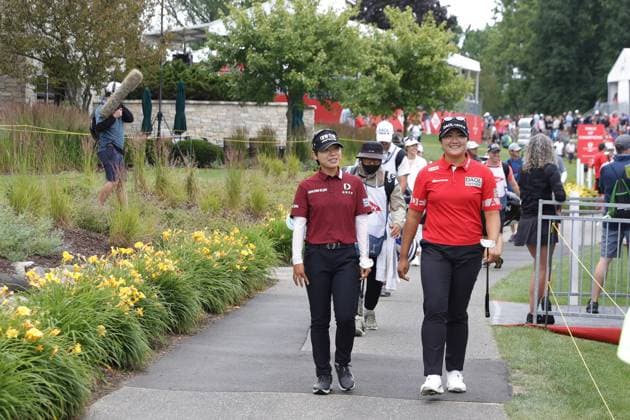 MIDLAND, MI - JUNE 28: LPGA, Golf Damen golfers So mi Lee and Haeran Ryu walk the 18th hole during the second round of the LPGA Dow Championship on June 28, 2024, at Midland Country Club in Midland, Michigan. (Photo by Brian Spurlock Icon Sportswire) GOLF: JUN 28 LPGA Dow Championship EDITORIAL USE ONLY Icon240628119