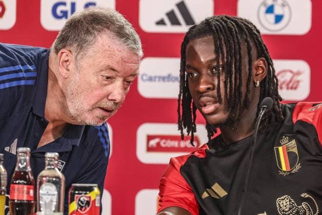spokesman Stefan Van Loock and Belgium s Johan Bakayoko pictured during a press conference, PK, Pressekonferenz of Belgian national soccer team Red Devils, Saturday 29 June 2024 at their base camp in Freiberg am Neckar, Germany, during the UEFA EURO, EM, Europameisterschaft,Fussball 2024 European Soccer Championships. On Monday the Red Devils will meet France in the Round of 16. BRUNOxFAHY  x95478651x