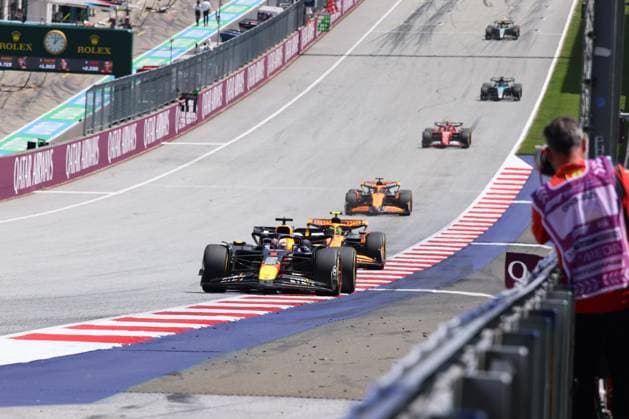 1 Max Verstappen Oracle Red Bull Racing, 01 , 4 Lando Norris McLaren Formula 1 Team, 04 , 81 Oscar Piastri McLaren Formula 1 Team, 81 , 55 Carlos Sainz Scuderia Ferrari HP, 55 , 63 George Russell Mercedes AMG Petronas Formula One Team, 63 , Sprint race, AUT, Austria, Formula 1 World Championship, Austrian Grand Prix, 29 06 2024 AUT, Formula 1, Red Bull Ring, Austrian Grand Prix Spielberg Copyright: xEibner-Pressefoto Grafx EP_AGF