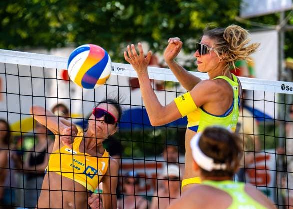 BEACHVOLLEYBALL - Baden Future 2024 BADEN,AUSTRIA,29.JUN.24 - Beach volleyball, Beachvolleyball - FIVB Volleyball World Beach Pro Tour, Baden Future. Image shows Maryna Hladun (UKR) and Sarah Cools (BEL).  GEPAxpictures xEdgarxEisner