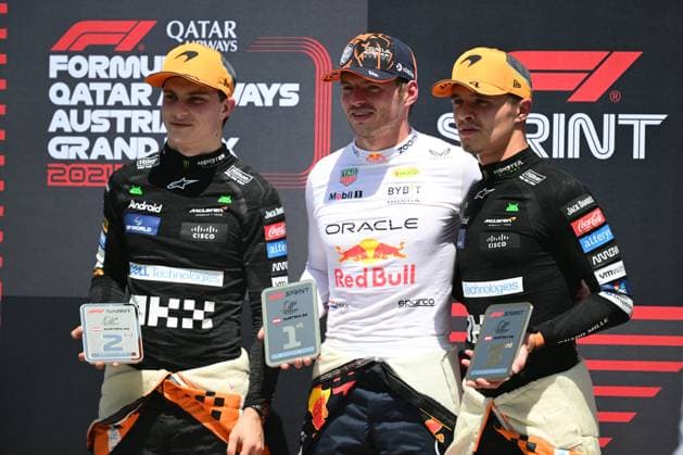 F1 Grand Prix of Austria - Sprint & Qualifying Oscar Piastri of McLaren F1 Team, Max Verstappen of Red Bull Racing Honda, and Lando Norris of McLaren F1 Team are celebrating during the sprint race of the Austrian GP, the 11th round of the Formula 1 World Championship, WM, Weltmeisterschaft 2024, in Red Bull Ring, Spielberg Bei Knittenfeld, Stirya, Austria, on June 29, 2024. Spielberg Bei Knittenfeld Stirya Austria Copyright: xAndreaxDiodatox originalFilename:diodato-notitle240629_npkR9.jpg
