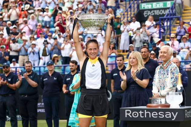 29th June 2024; Devonshire Park, Eastbourne, East Sussex, England: Rothesay International Eastbourne, Day 6; Daria Kasatkina celebrates with the Rothesay International trophy after winning the womens singles final match  ActionPlus12661467 HongboxChen