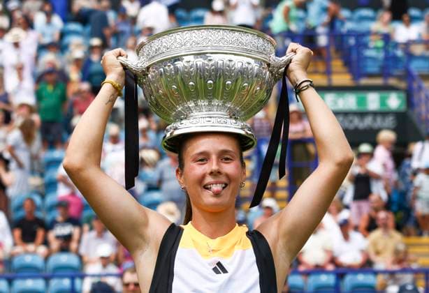 29th June 2024; Devonshire Park, Eastbourne, East Sussex, England: Rothesay International Eastbourne, Day 6; Daria Kasatkina celebrates with the Rothesay International trophy after winning the womens singles final match  ActionPlus12661474 HongboxChen